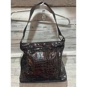BRIGHTON Cher Handbag Bronze Brown Croc Patent Leather Shoulder Bag Orange Lined